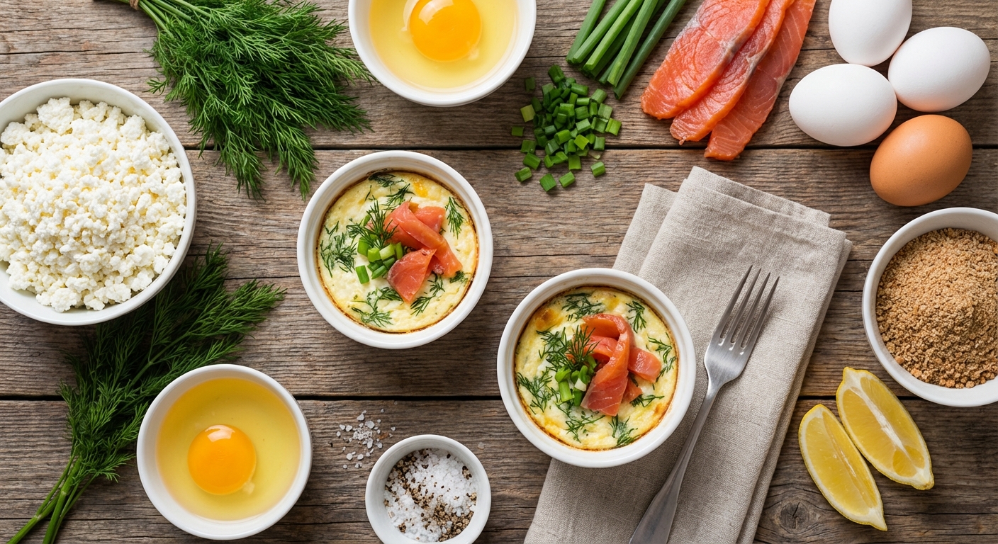 Творожно‑яичный кокот с укропом и красной рыбой 🥚🌿