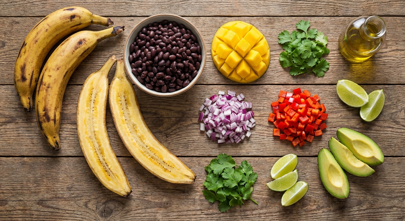 Платановые лодочки с манго и чёрной фасолью 🍌🌶️