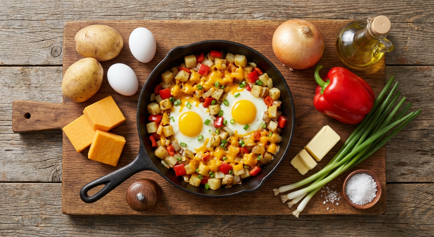 Деревенский хэш с сыром и солнечными яйцами 🍳🥔