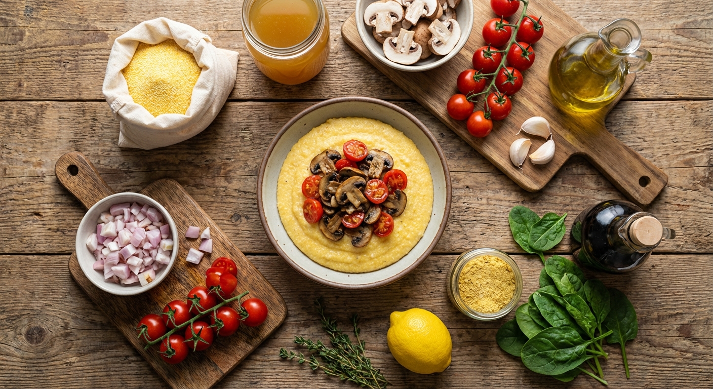 Тёплая полента с грибами и томатами 🍄🍅