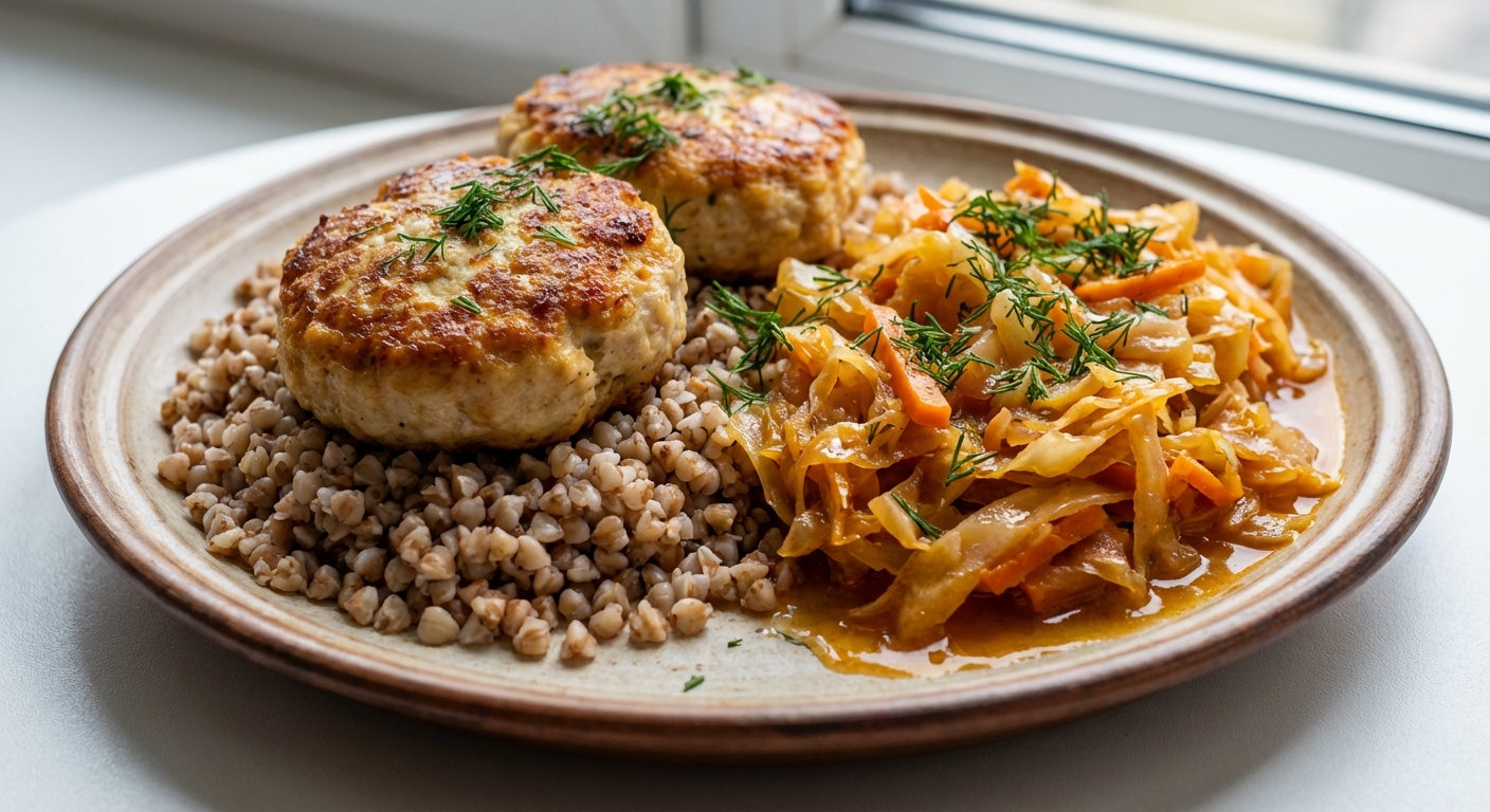 Нежные куриные котлетки с гречкой и тушёной капустой 🥕🍚 — фото 3