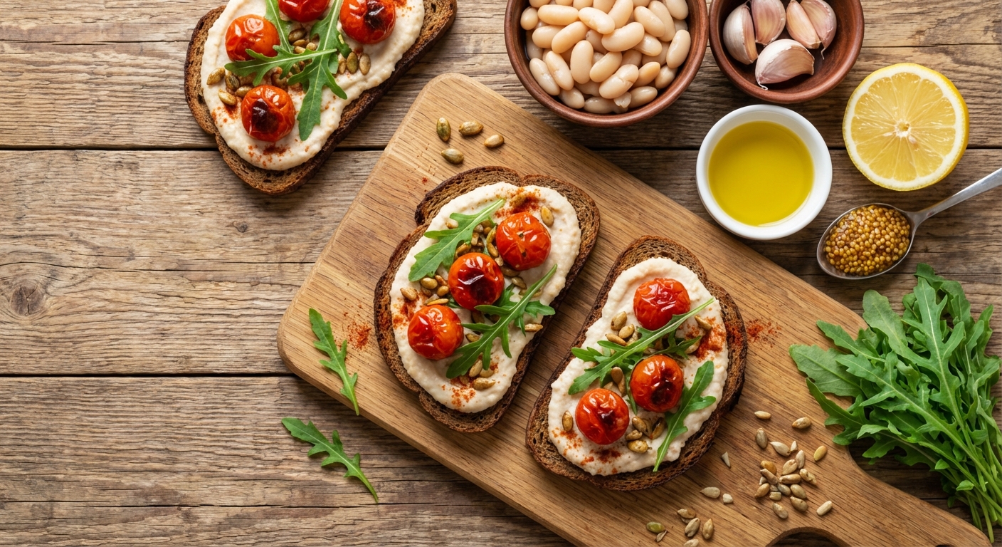 Ржаные тосты с кремом из белой фасоли и печёными томатами 🥖🍅