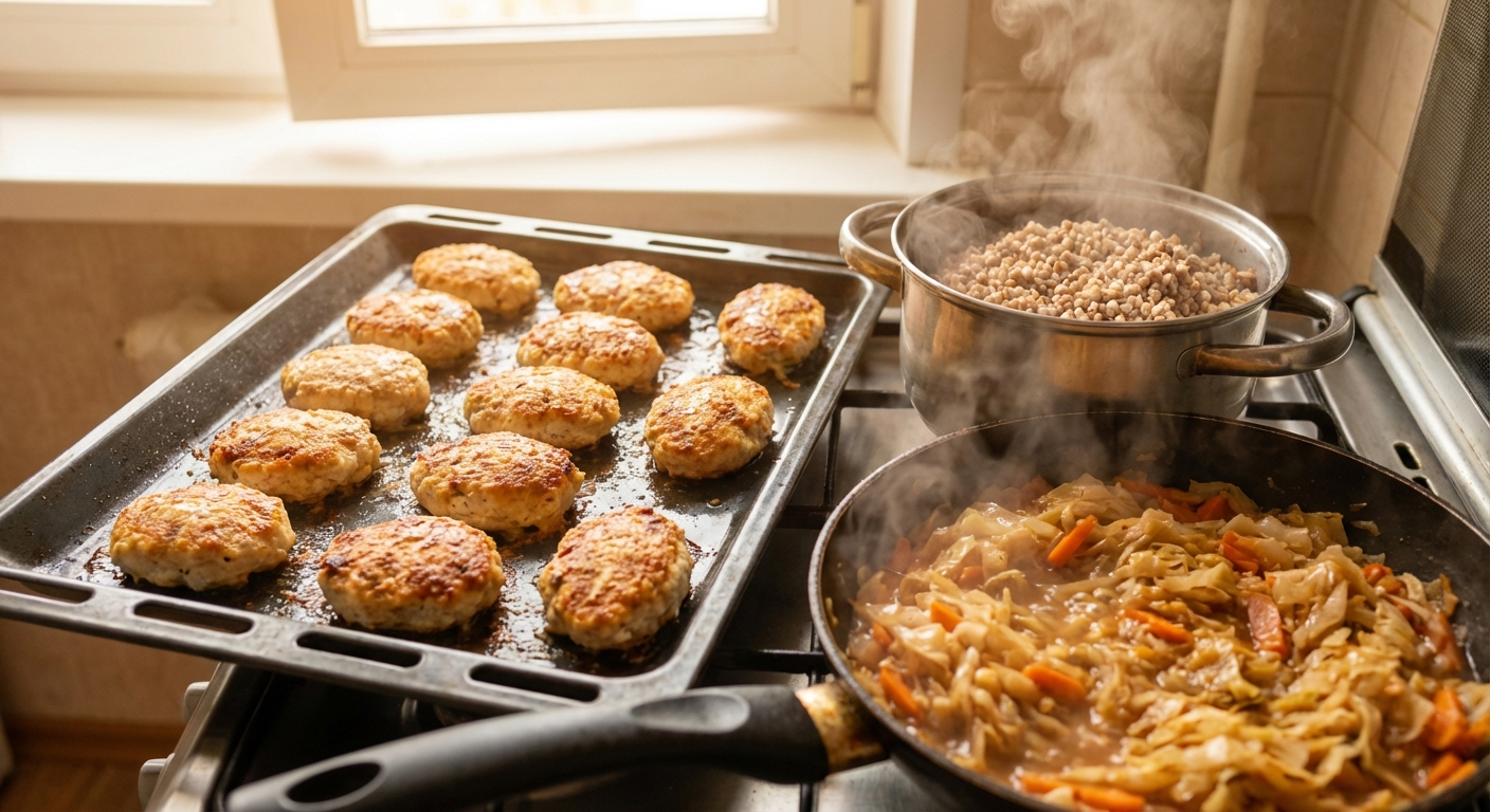 Нежные куриные котлетки с гречкой и тушёной капустой 🥕🍚 — фото 2